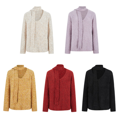 MosesQueen魔西女王黃色寬松v領毛衣秋季針織衫慵懶風長袖上衣