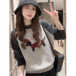 韓系氛圍感穿搭撞色刺綉小狗針織衫毛衣女秋冬新款寬松打底衫上衣