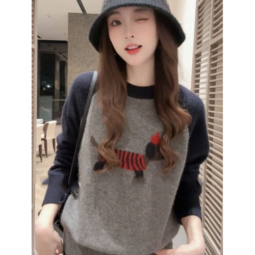 韓系氛圍感穿搭撞色刺綉小狗針織衫毛衣女秋冬新款寬松打底衫上衣