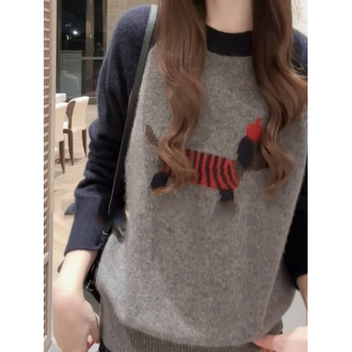 韓系氛圍感穿搭撞色刺綉小狗針織衫毛衣女秋冬新款寬松打底衫上衣