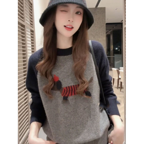 韓系氛圍感穿搭撞色刺綉小狗針織衫毛衣女秋冬新款寬松打底衫上衣