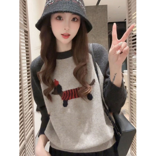 韓系氛圍感穿搭撞色刺綉小狗針織衫毛衣女秋冬新款寬松打底衫上衣