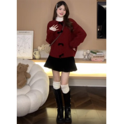 聖誕節穿搭過年戰袍紅色蝴蝶結毛衣外套女秋冬加厚慵懶風針織開衫