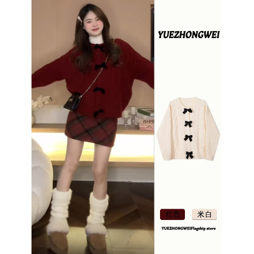 聖誕節穿搭過年戰袍紅色蝴蝶結毛衣外套女秋冬加厚慵懶風針織開衫 聖誕節穿搭過年戰袍紅色蝴蝶結毛衣外套女秋冬加厚慵懶風針織開衫