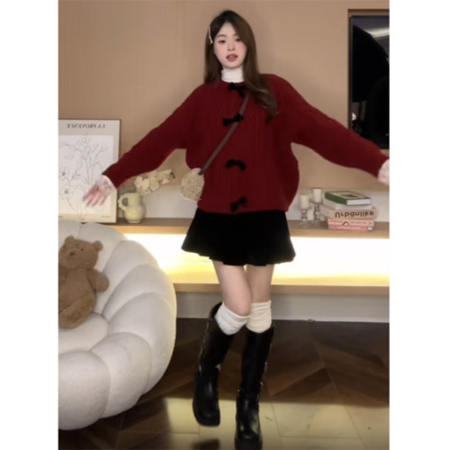 聖誕節穿搭過年戰袍紅色蝴蝶結毛衣外套女秋冬加厚慵懶風針織開衫 聖誕節穿搭過年戰袍紅色蝴蝶結毛衣外套女秋冬加厚慵懶風針織開衫
