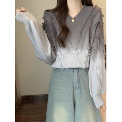 漸變色慵懶V領流蘇毛衣女秋冬大碼胖mm今年流行漂亮顯瘦針織上衣