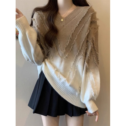 漸變色慵懶V領流蘇毛衣女秋冬大碼胖mm今年流行漂亮顯瘦針織上衣 漸變色慵懶V領流蘇毛衣女秋冬大碼胖mm今年流行漂亮顯瘦針織上衣