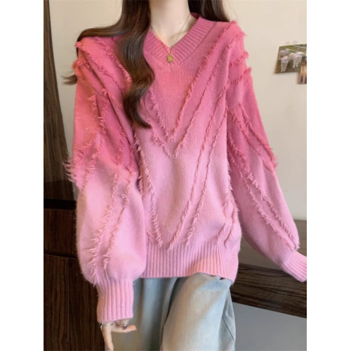 漸變色慵懶V領流蘇毛衣女秋冬大碼胖mm今年流行漂亮顯瘦針織上衣 漸變色慵懶V領流蘇毛衣女秋冬大碼胖mm今年流行漂亮顯瘦針織上衣