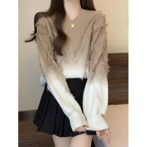 漸變色慵懶V領流蘇毛衣女秋冬大碼胖mm今年流行漂亮顯瘦針織上衣 漸變色慵懶V領流蘇毛衣女秋冬大碼胖mm今年流行漂亮顯瘦針織上衣