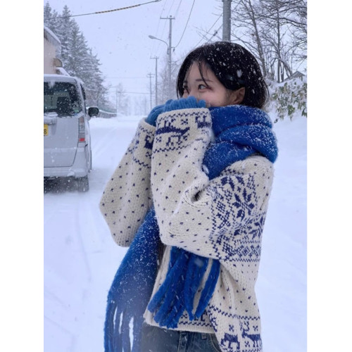 氛圍感白色拉鍊費爾島毛衣外套女秋冬加厚復古慵懶風立領針織開衫