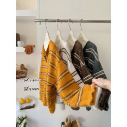 韓系軟糯毛絨感條紋半開翻領毛衣女秋冬慵懶風寬松顯瘦套頭針織衫