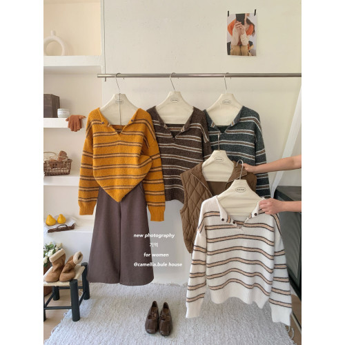 韓系軟糯毛絨感條紋半開翻領毛衣女秋冬慵懶風寬松顯瘦套頭針織衫 韓系軟糯毛絨感條紋半開翻領毛衣女秋冬慵懶風寬松顯瘦套頭針織衫