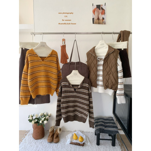 韓系軟糯毛絨感條紋半開翻領毛衣女秋冬慵懶風寬松顯瘦套頭針織衫 韓系軟糯毛絨感條紋半開翻領毛衣女秋冬慵懶風寬松顯瘦套頭針織衫