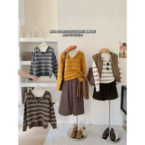 韓系軟糯毛絨感條紋半開翻領毛衣女秋冬慵懶風寬松顯瘦套頭針織衫 韓系軟糯毛絨感條紋半開翻領毛衣女秋冬慵懶風寬松顯瘦套頭針織衫