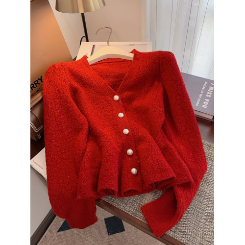 法式高級感氣質V領毛衣女秋冬季小衆設計感時尚魚尾裙擺針織開衫 法式高級感氣質V領毛衣女秋冬季小衆設計感時尚魚尾裙擺針織開衫