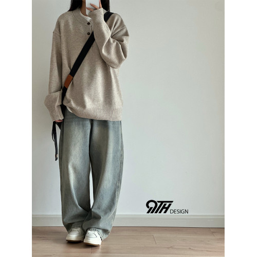 9TH羊毛亨利半開領針織衫套頭毛衣寬松灰卡其純色基礎款男女秋冬 9TH羊毛亨利半開領針織衫套頭毛衣寬松灰卡其純色基礎款男女秋冬