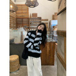 復古慵懶風寬松翻領條紋毛衣女2025秋季新款polo領軟糯休閒針織衫