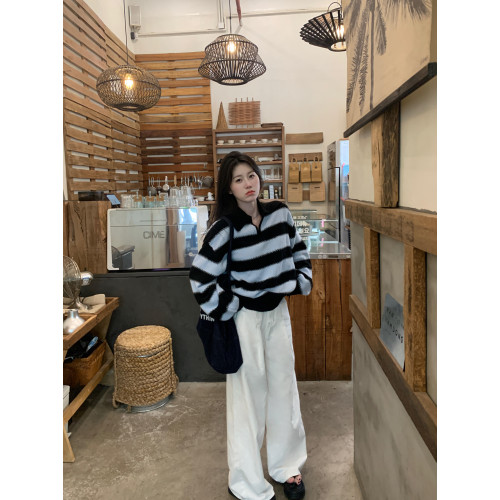 復古慵懶風寬松翻領條紋毛衣女2025秋季新款polo領軟糯休閒針織衫 復古慵懶風寬松翻領條紋毛衣女2025秋季新款polo領軟糯休閒針織衫