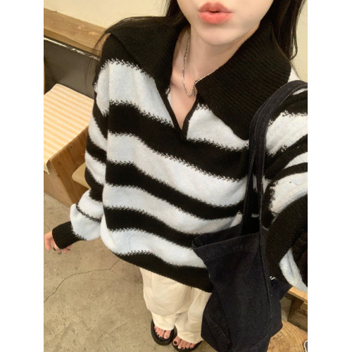 復古慵懶風寬松翻領條紋毛衣女2025秋季新款polo領軟糯休閒針織衫 復古慵懶風寬松翻領條紋毛衣女2025秋季新款polo領軟糯休閒針織衫