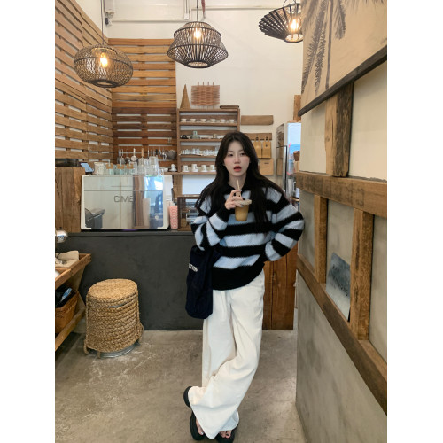 復古慵懶風寬松翻領條紋毛衣女2025秋季新款polo領軟糯休閒針織衫 復古慵懶風寬松翻領條紋毛衣女2025秋季新款polo領軟糯休閒針織衫