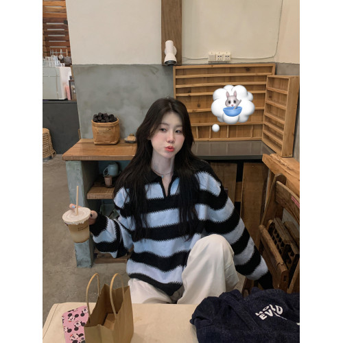 復古慵懶風寬松翻領條紋毛衣女2025秋季新款polo領軟糯休閒針織衫 復古慵懶風寬松翻領條紋毛衣女2025秋季新款polo領軟糯休閒針織衫