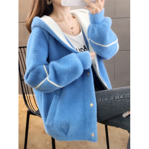 加厚仿水貂絨毛衣外套女2025秋冬裝連帽洋氣寬松顯瘦學生毛絨開衫