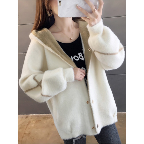 加厚仿水貂絨毛衣外套女2025秋冬裝連帽洋氣寬松顯瘦學生毛絨開衫