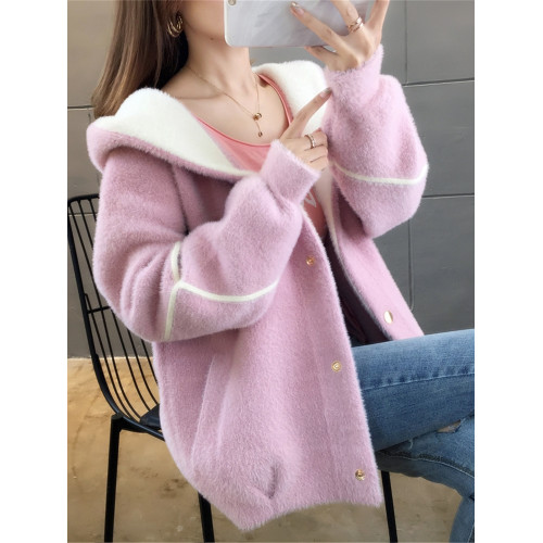 加厚仿水貂絨毛衣外套女2025秋冬裝連帽洋氣寬松顯瘦學生毛絨開衫