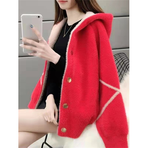 加厚仿水貂絨毛衣外套女2025秋冬裝連帽洋氣寬松顯瘦學生毛絨開衫