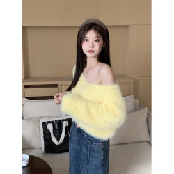 慵懶百搭仿水貂短款毛衣寬松針織衫長袖辣妹純欲風時尚超好看上衣