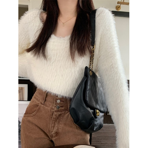 慵懶百搭仿水貂短款毛衣寬松針織衫長袖辣妹純欲風時尚超好看上衣 慵懶百搭仿水貂短款毛衣寬松針織衫長袖辣妹純欲風時尚超好看上衣