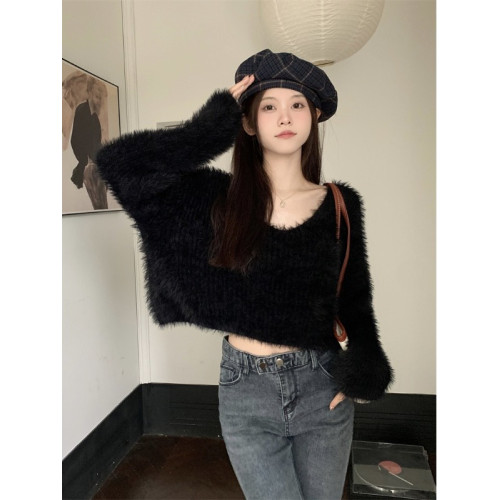慵懶百搭仿水貂短款毛衣寬松針織衫長袖辣妹純欲風時尚超好看上衣 慵懶百搭仿水貂短款毛衣寬松針織衫長袖辣妹純欲風時尚超好看上衣