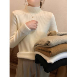 大碼加厚加絨針織毛衣冬季修身保暖半高領上衣打底衫胖mm顯瘦上衣