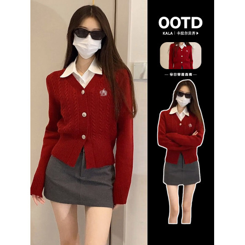 2025新款韓系紅色內搭針織衫毛衣外套女秋冬季小香學院風開衫上衣