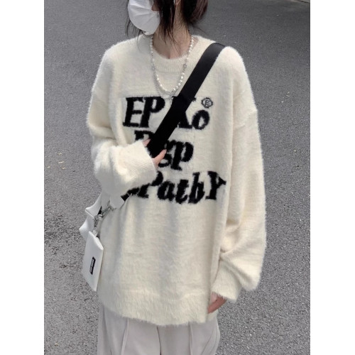 美式字母水貂絨毛衣女2025秋冬季新款加厚高街情侶針織打底衫上衣 美式字母水貂絨毛衣女2025秋冬季新款加厚高街情侶針織打底衫上衣