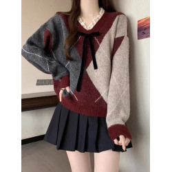 酒紅色菱格毛衣女2025春新款蕾絲V領針織衫慵懶風復古秋冬上衣潮