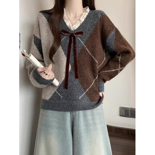 酒紅色菱格毛衣女2025春新款蕾絲V領針織衫慵懶風復古秋冬上衣潮 酒紅色菱格毛衣女2025春新款蕾絲V領針織衫慵懶風復古秋冬上衣潮