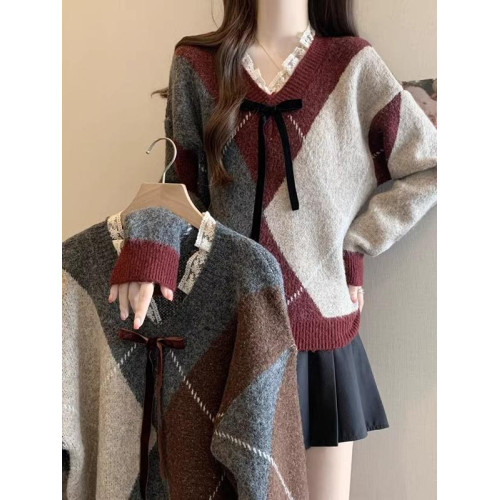 酒紅色菱格毛衣女2025春新款蕾絲V領針織衫慵懶風復古秋冬上衣潮 酒紅色菱格毛衣女2025春新款蕾絲V領針織衫慵懶風復古秋冬上衣潮