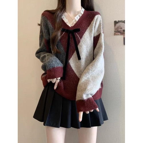 酒紅色菱格毛衣女2025春新款蕾絲V領針織衫慵懶風復古秋冬上衣潮 酒紅色菱格毛衣女2025春新款蕾絲V領針織衫慵懶風復古秋冬上衣潮