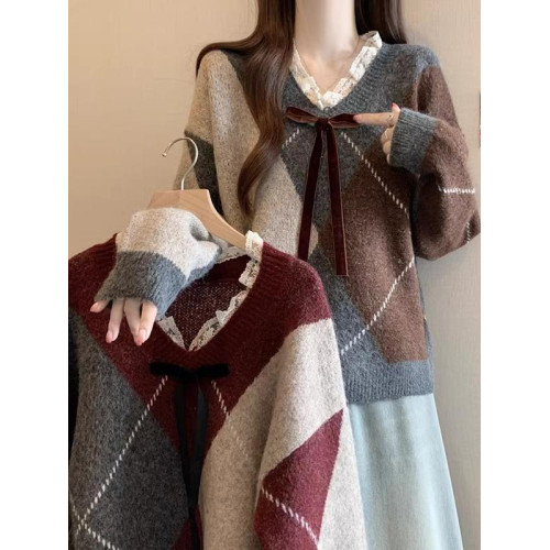 酒紅色菱格毛衣女2025春新款蕾絲V領針織衫慵懶風復古秋冬上衣潮 酒紅色菱格毛衣女2025春新款蕾絲V領針織衫慵懶風復古秋冬上衣潮