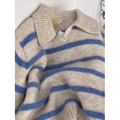 歐貨小衆藍色條紋polo翻領長袖軟糯針織衫毛衣女秋冬慵懶套頭上衣