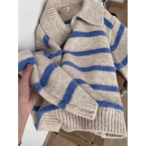 歐貨小衆藍色條紋polo翻領長袖軟糯針織衫毛衣女秋冬慵懶套頭上衣