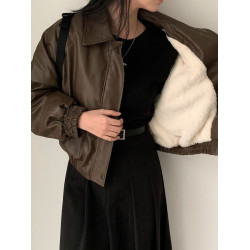 韓國chic秋冬高級感氣質拉鍊翻領長袖寬松百搭加絨短款皮衣外套女