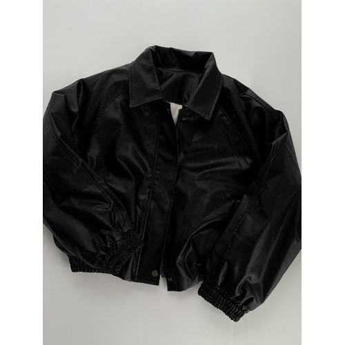 韓國chic秋冬高級感氣質拉鍊翻領長袖寬松百搭加絨短款皮衣外套女