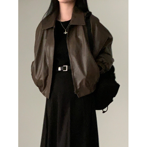 韓國chic秋冬高級感氣質拉鍊翻領長袖寬松百搭加絨短款皮衣外套女