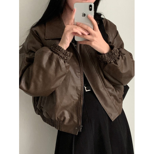 韓國chic秋冬高級感氣質拉鍊翻領長袖寬松百搭加絨短款皮衣外套女