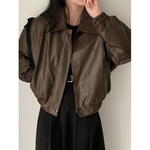 韓國chic秋冬高級感氣質拉鍊翻領長袖寬松百搭加絨短款皮衣外套女