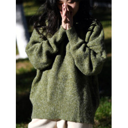 歐貨羊絨混紡軟糯綠色圓領厚毛衣女秋冬外穿寬松高品質套頭羊毛衫