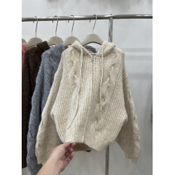 美拉德麻花連帽針織開衫女秋冬加厚寬松百搭慵懶軟糯拉鍊毛衣外套