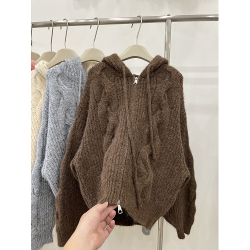 美拉德麻花連帽針織開衫女秋冬加厚寬松百搭慵懶軟糯拉鍊毛衣外套